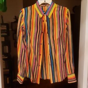 Equipment Multicolor Stripe Button-Down Shirt in Yellow, Pink, Blue and Black